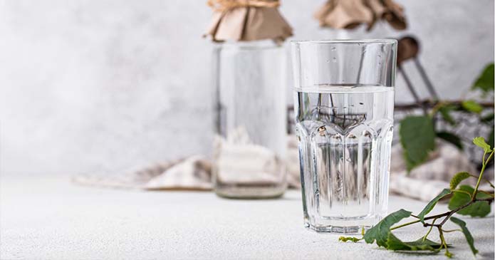 cure de sève de bouleau pour détoxifier et revitaliser le corps / description : verre de sève de bouleau sur une table avec des bouteilles de sève de bouleau en fond et des branches et des feuilles